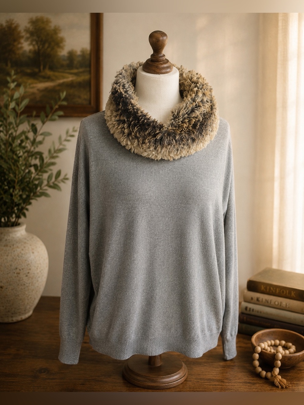 Oversized Grey Sweater Plush Faux Fur Cowl Neck Cozy Slouchy Tunic • Cozy Comfy